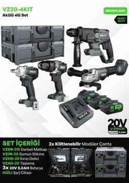 VOLT VZ20-4KIT - Akülü 4 Lü Set - Profesyonel Darbeli Matkap - Somun Sökme - Kırıcı Delici - Avuç Taşlama