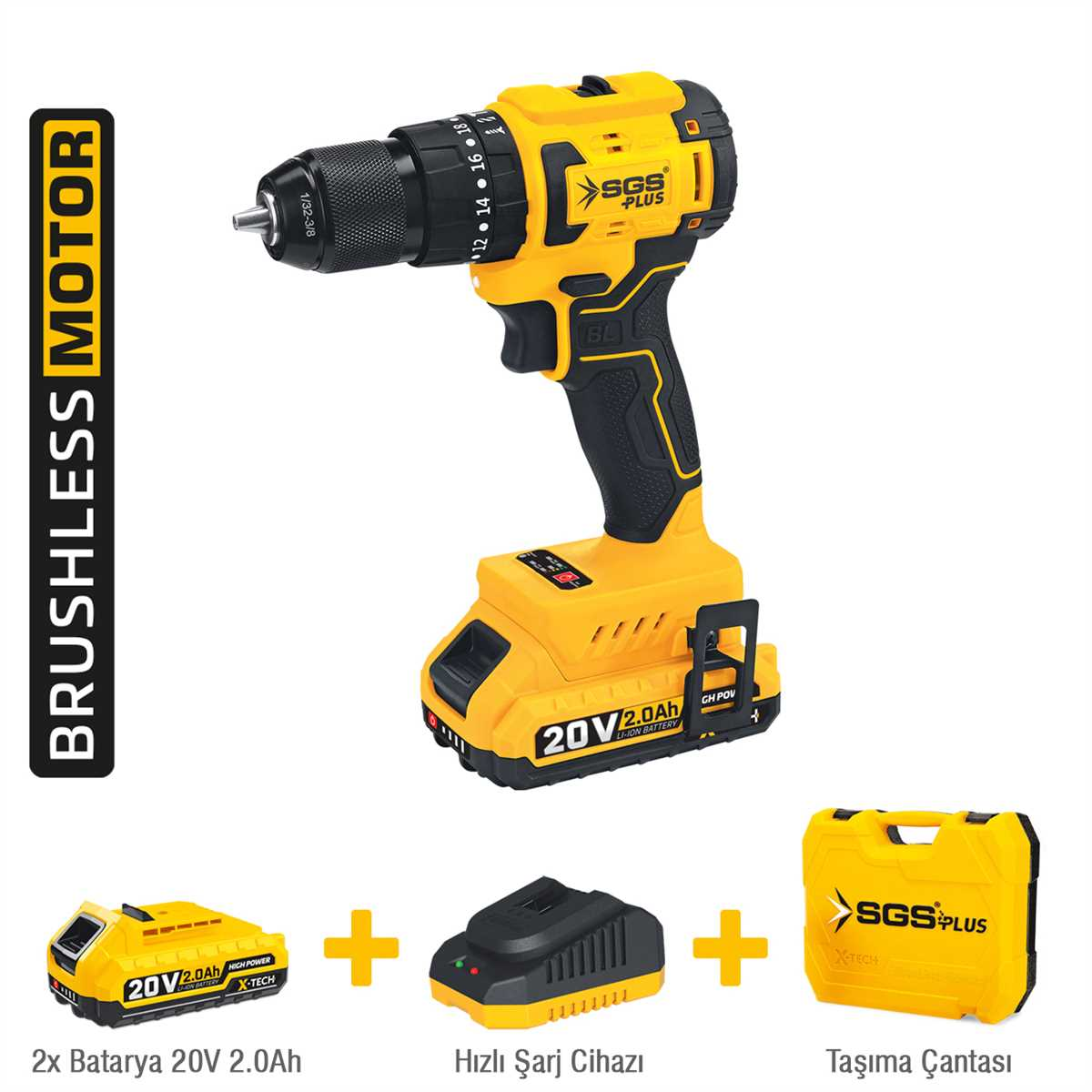 SGS5530 - 20 Volt 2 Amper 45 Nm Tork Akülü Şarjlı Darbeli Matkap Vidalama Seti Çift Akülü Kömürsüz Motor