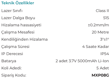 MAX EXTRA MXP08G - 20 Metre 360 Derece Yeşil Lazer Hizalama Distomat Şakül 2 Yatay 2 Dikey