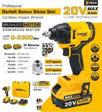 SGS5502 - 1/2 - 20 Volt 4 Amper 330 Nm Tork Akülü Darbeli Somun Sıkma Sökme Makina Seti Çift Akülü