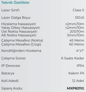 MAX EXTRA MXP8211G - Kombi Çizgi Nokta Yeşil Lazerli Hizalama Lazeri 1 Yatay 1 Dikey 2 Nokta