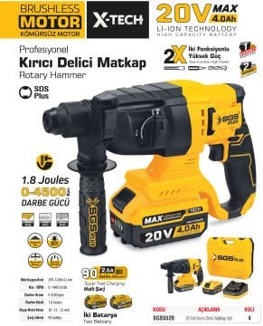 SGS5520 - 20 Volt 4 Amper - 1.8 Joule - SDS Plus Akülü Elektro Pnömatik Darbeli Kırıcı Delici Seti