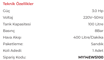 MYTOL EWS100B - 100 Litre 3 HP Sessiz Hava Kompresörü  220 Volt