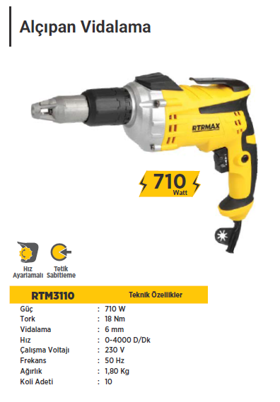 RTR Max Alçıpan Vidalama (710 Watt)