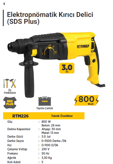 RTR Max Pnömatik Kırıcı - Delici Matkap SDS Plus (800 Watt)