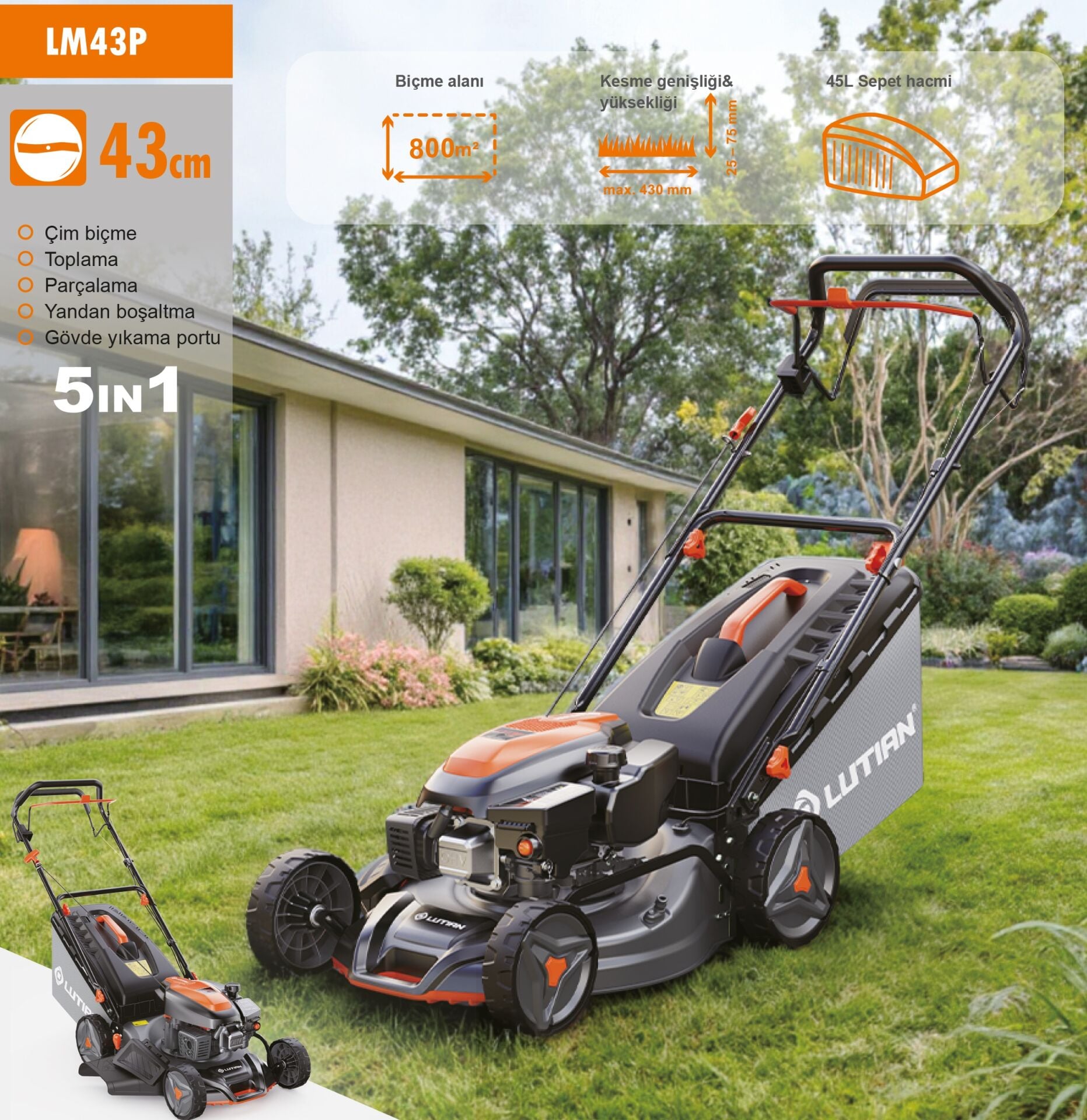 Lutian LM43P - 43cm Benzinli Çim Biçme Kesme Makinası 45 Litre