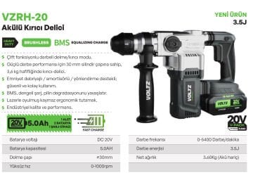 VOLTZ - 3.5 Joule - 20 Volt 5 Amper Akülü Kırıcı Delici Hilti SDS Plus (VZRH-20) Kömürsüz Motor