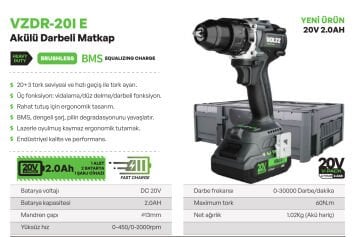 VOLTZ - 60 Nm - 20 Volt 2 Amper Profesyonel Akülü Matkap Vidalama (VZDR-20I E)