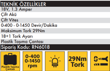 ROWN RN6018 Çift Akülü 18 Volt Akülü Matkap 1.3 Amper