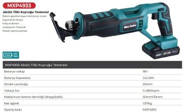 MAX EXTRA MXP4933 - Akülü Tilki Kuyruğu Kemik Kurban Testeresi 18 Volt 2 Amper