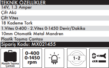 MAX EXTRA MX1455 14 Volt 1.3 Ah Çift Akülü Matkap