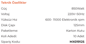 MAX EXTRA MX9125E - 125mm Devir Ayarlı Avuç Taşlama Makinesi 800 Watt