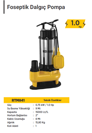 RTR MAX Foseptik Dalgıç Pompa 0.75 kW / 1.0 Hp