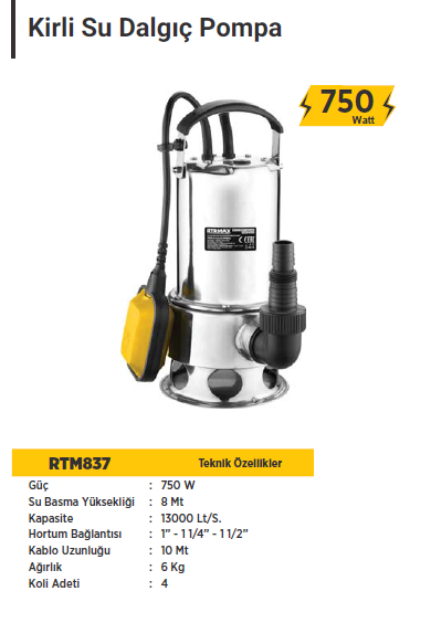 RTR Max Kirli Su Dalgıç Pompa (750 Watt)