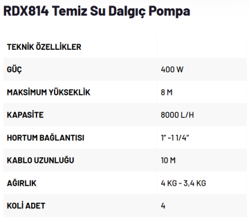 RODEX RDX814 Temiz Su Dalgıç Pompa 400 Watt