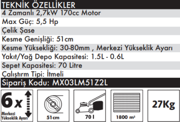 MAX EXTRA MX03LM51Z2L Benzinli İtmeli Çim Biçme Makinası 4 Zamanlı 2.7kW, 170cc