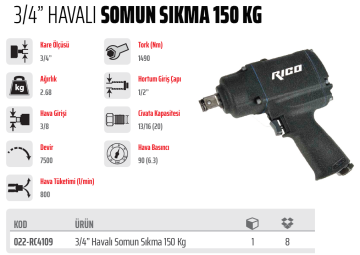 RİCO 3/4 Havalı Somun Sökme Sıkma 150 Kg (022-RC4109)