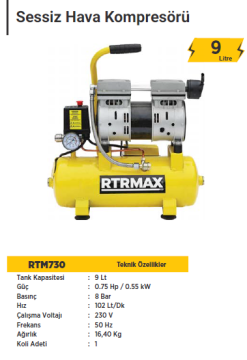 RTR Max Sessiz Hava Kompresörü (9 Litre)