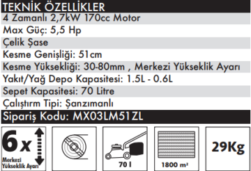 MAX EXTRA LM51ZL Şanzımanlı Benzinli İtmeli Çim Biçme Makinası 4 Zamanlı 2.7 kW, 170cc