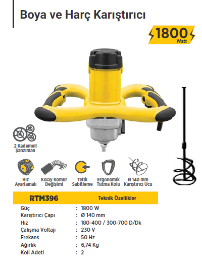 RTR Max Boya ve Harç Karıştırıcı 1800 Watt