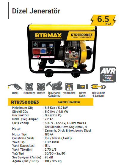 RTR Max Dizel Jeneratör 6.5 kVA Monofaze & Trifaze