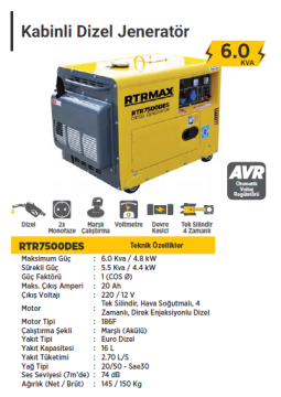 RTR MAX Kabinli Dizel Jeneratör 6.0 kVA / Monofaze