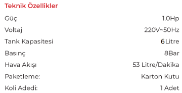 MYTOL MYK0061 - 6 Litre 1 HP Yüksek Hızlı Yağsız Hava Kompresörü