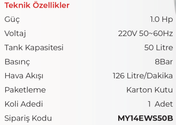MYTOL EWS50B - 50 Litre Sessiz Yağsız Hava Kompresörü 1 HP