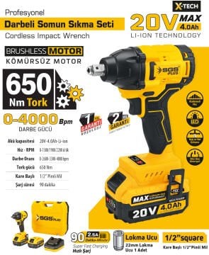 SGS5503 - 1/2 - 20 Volt 4 Amper 650 Nm Tork Akülü Darbeli Somun Sıkma Sökme Makina Seti Tek Akülü
