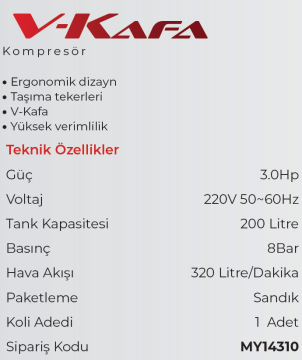MY TOL MY14310 - 200 Litre 3 HP V Kafa Yağlı Hava Kompresörü 220 Volt