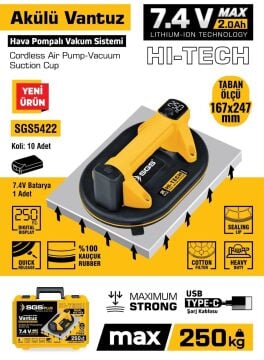 SGS5422 - 250 KG Akülü Vakumlu Seramik Ahşap Cam Taşıma Vantuzu 7.4 Volt 2 Amper
