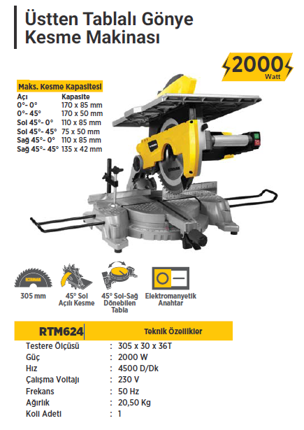 RTR MAX Üstten Tablalı Gönye Kesme Makinesi 2000 Watt