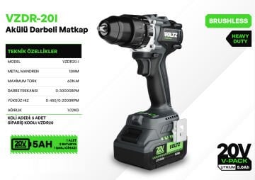 VOLTZ - 60 Nm - 20 Volt 5 Amper Profesyonel Akülü Matkap Vidalama (VZDR-20I )