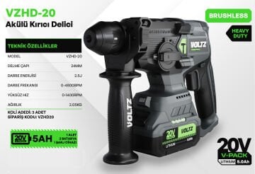 VOLTZ - 2.5 Joule - 20 Volt 5 Amper Akülü Kırıcı Delici Hilti SDS Plus (VZHD-20)