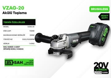 VOLTZ - 115mm - 20 Volt 5 Amper Akülü Avuç Taşlama Makinası Kömürsüz Motor (VZAG-20)