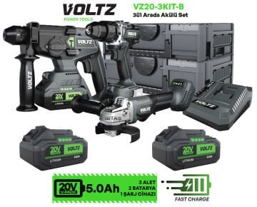 VOLTZ - VZ20-3KIT-B - Akülü 3 Lü Set - Darbeli Matkap - Taşlama - Kırıcı Delici - Kömürsüz Motor
