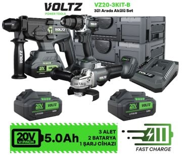 VOLTZ - 20 Volt 5 Amper - Akülü 3 Lü Set - Kırıcı Delici Darbeli Matkap - Avuç Taşlama -  VZ20-3KIT-B