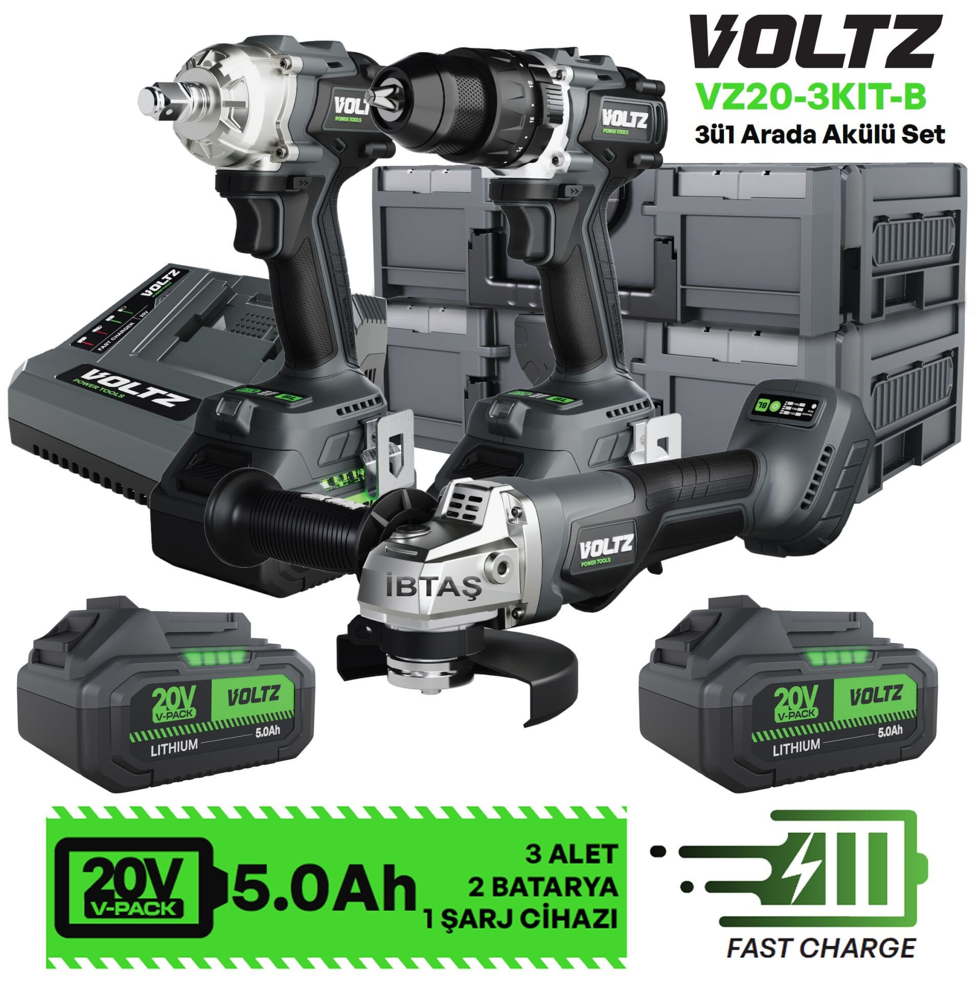 VOLTZ - VZ20-3KIT-B - Akülü 3 Lü Set - Darbeli Matkap - Taşlama - Kırıcı Delici - Kömürsüz Motor