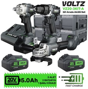 VOLTZ - VZ20-3KIT-A - Akülü 3 Lü Set - Darbeli Matkap - Avuç Taşlama - Somun Sökme - Kömürsüz Motor