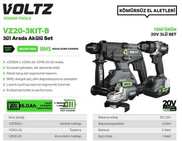 VOLTZ - VZ20-3KIT-A - Akülü 3 Lü Set - Darbeli Matkap - Avuç Taşlama - Somun Sökme - Kömürsüz Motor