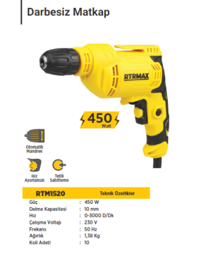 RTR MAX Darbesiz Matkap 450 Watt (0-3000 D/Dk)