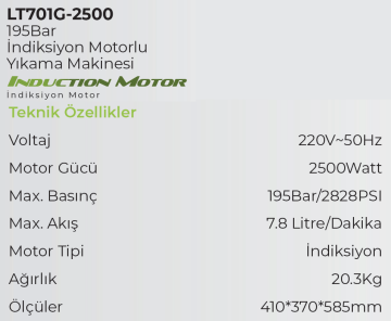 LUTİAN LT701G-2500 - 195 BAR Elektrikli Yüksek Basınçlı Araba Yıkama Makinası 2500 Watt