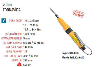 YAMA AT-4050 Havalı Tornavida 5 mm Düz Tip 1500 Devir