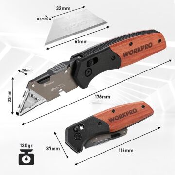 WORKPRO WP211035 Ağır Hizmet Çelik/Ahşap Gövde Katlanır Rötuş Maket Bıçağı + 11 Adet Yedek Bıçak
