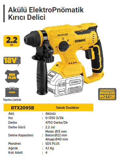 RTR Max Akülü ElektroPnömatik Kırıcı - Delici (Aküsüz)