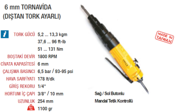 YAMA AT-4053 Havalı Tornavida 6mm (Dıştan Tork Ayarlı) Düz Tip 1800 Devir