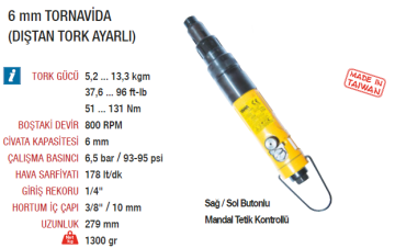 YAMA AT-4054 Havalı Tornavida 6mm (Dıştan Tork Ayarlı) Düz Tip 800 Devir
