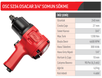 OSAKA Osacar OSC5234 - 3/4 Havalı Somun Sökme Makinası 1200 Nm