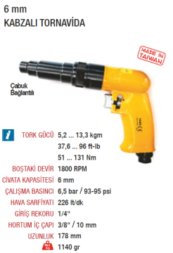 YAMA AT-4086 Havalı Tornavida Tabancası 6mm Kabzalı Tip 1800 Devir