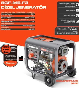 LUTİAN 10 kWA Dizel Jeneratör Marşlı 12HP - 230 Volt (LT8GF-ME-F3)